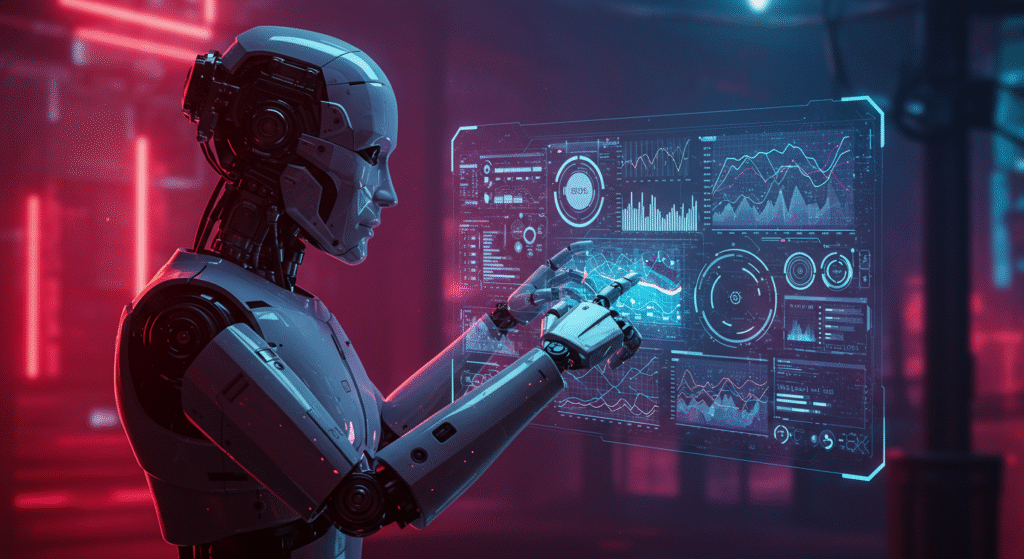 A futuristic AI robot analyzing big data