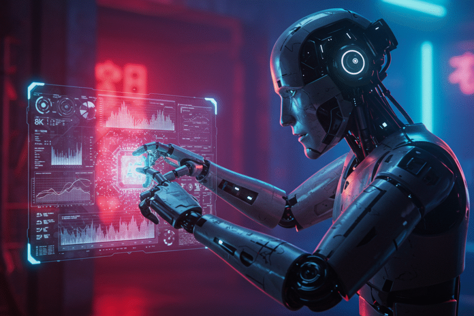 A futuristic AI robot analyzing big data